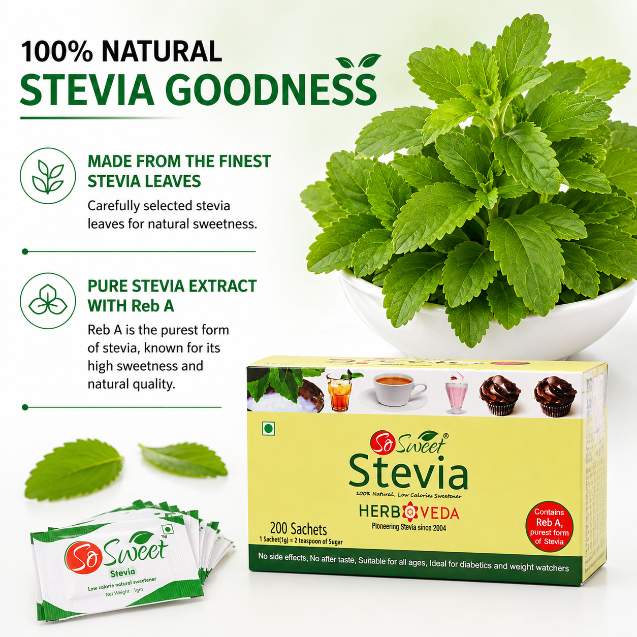 So Sweet Stevia Sachets Sugar Free Natural Low Calorie Sweetener - 200 Sachets