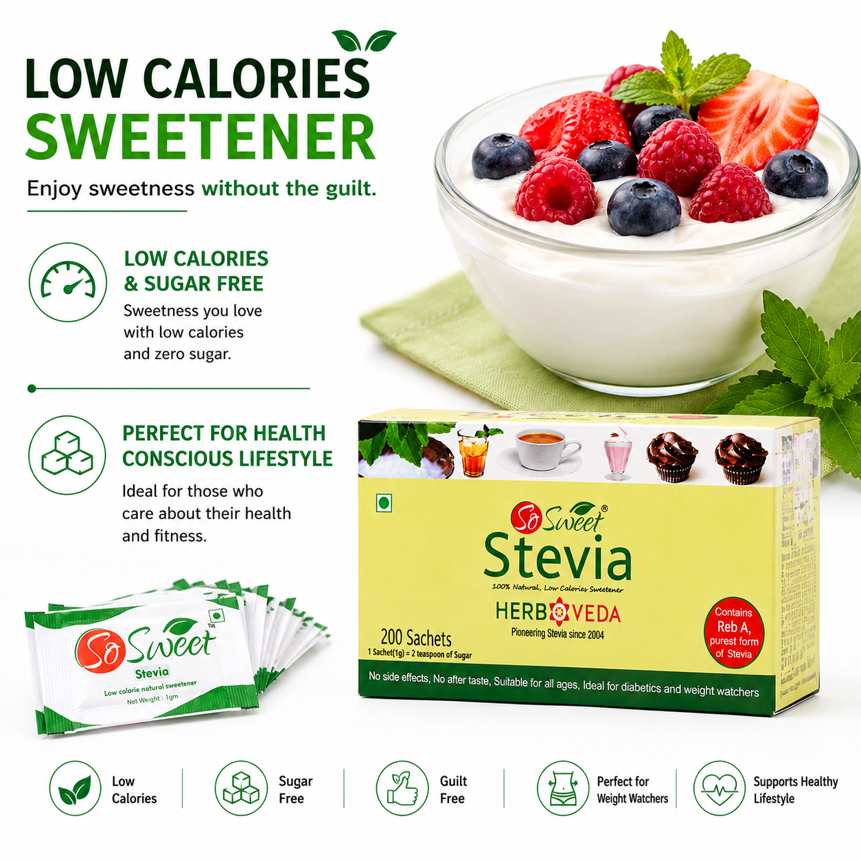 So Sweet Stevia Sachets Sugar Free Natural Low Calorie Sweetener - 200 Sachets