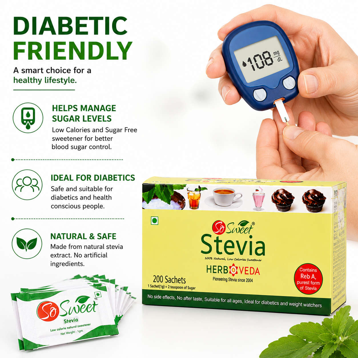So Sweet Stevia Sachets Sugar Free Natural Low Calorie Sweetener - 200 Sachets