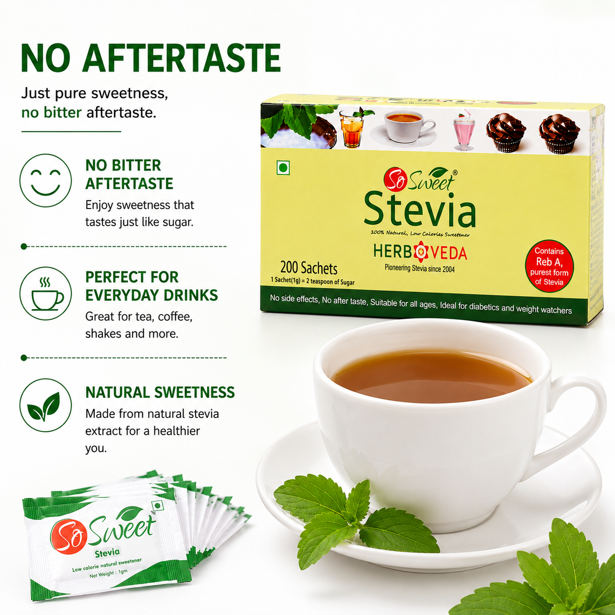 So Sweet Stevia Sachets Sugar Free Natural Low Calorie Sweetener - 200 Sachets