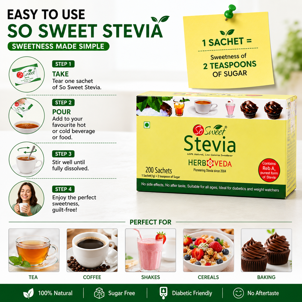 So Sweet Stevia Sachets Sugar Free Natural Low Calorie Sweetener - 200 Sachets