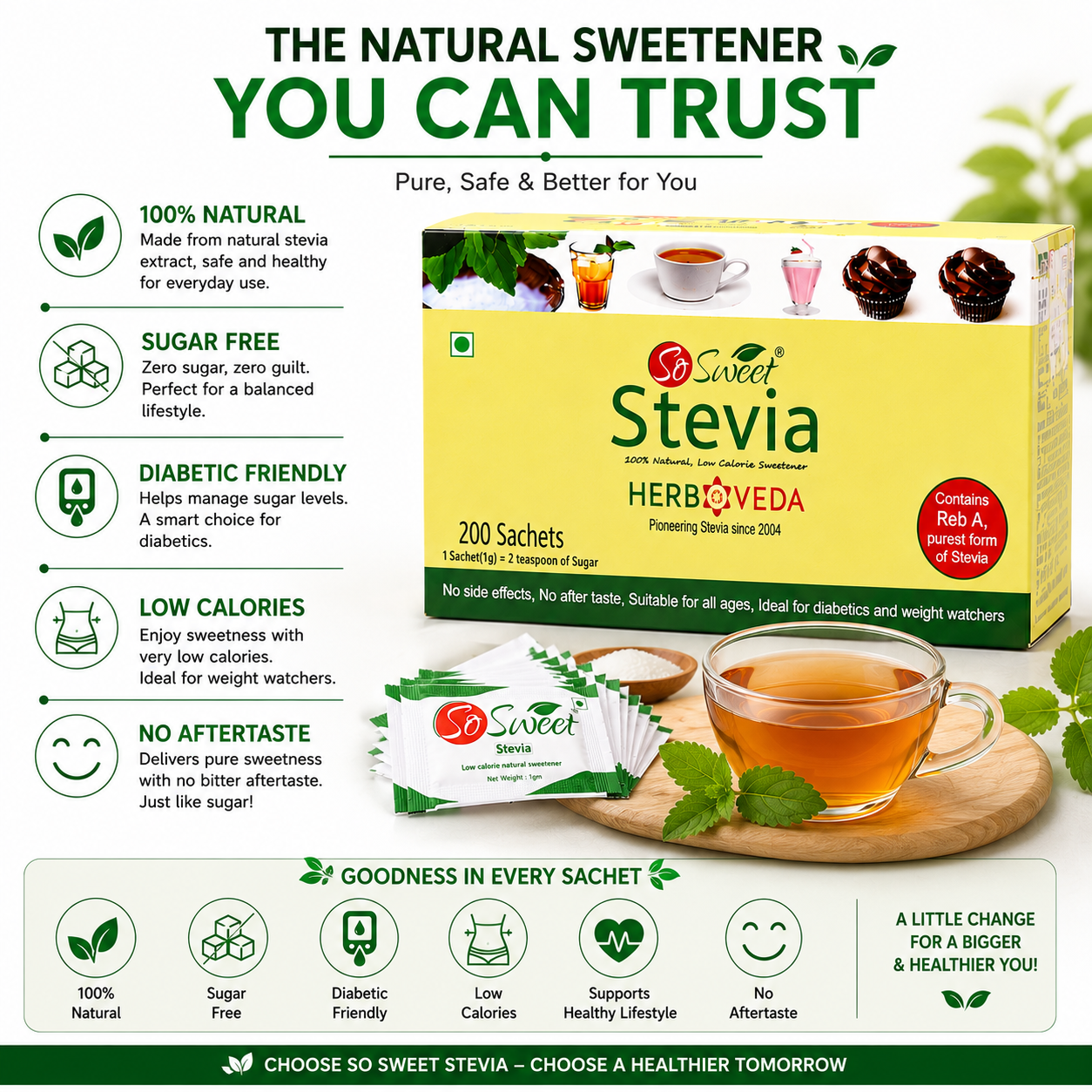 So Sweet Stevia Sachets Sugar Free Natural Low Calorie Sweetener - 200 Sachets