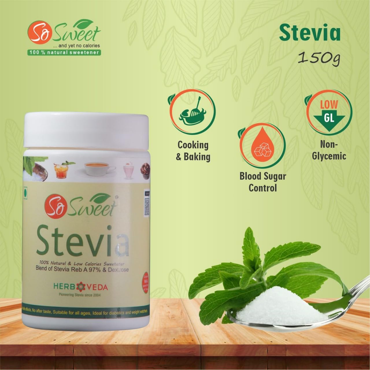 So Sweet Stevia Sugar Free100% Natural Sweetener 150gm | Low Calorie from Stevia | Taste Like Sugar & Safe for Diabetics-Pack of 3