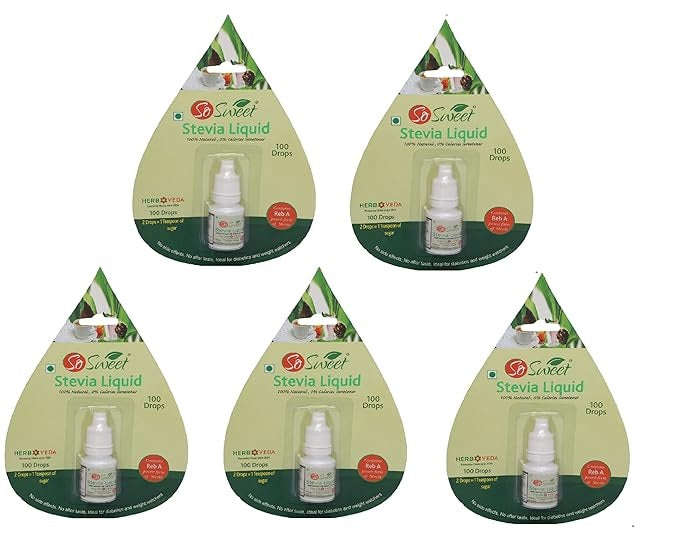 So Sweet Stevia Liquid Sugar Free 100 Drops - 5ml | Zero Calorie | Diabetic Friendly -Pack of 5