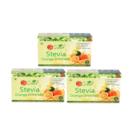 So Sweet Stevia Orange Instant Drink Mix Sugar Free | Zero Calories| Enrich with Vitamin C | 12 Sachets- Pack of 3