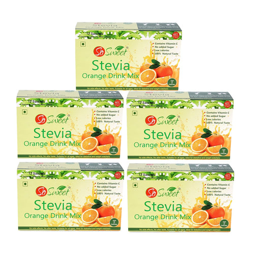 So Sweet Stevia Orange Instant Drink Mix Sugar Free | Zero Calories| Enrich with Vitamin C | 12 Sachets -Pack of 5