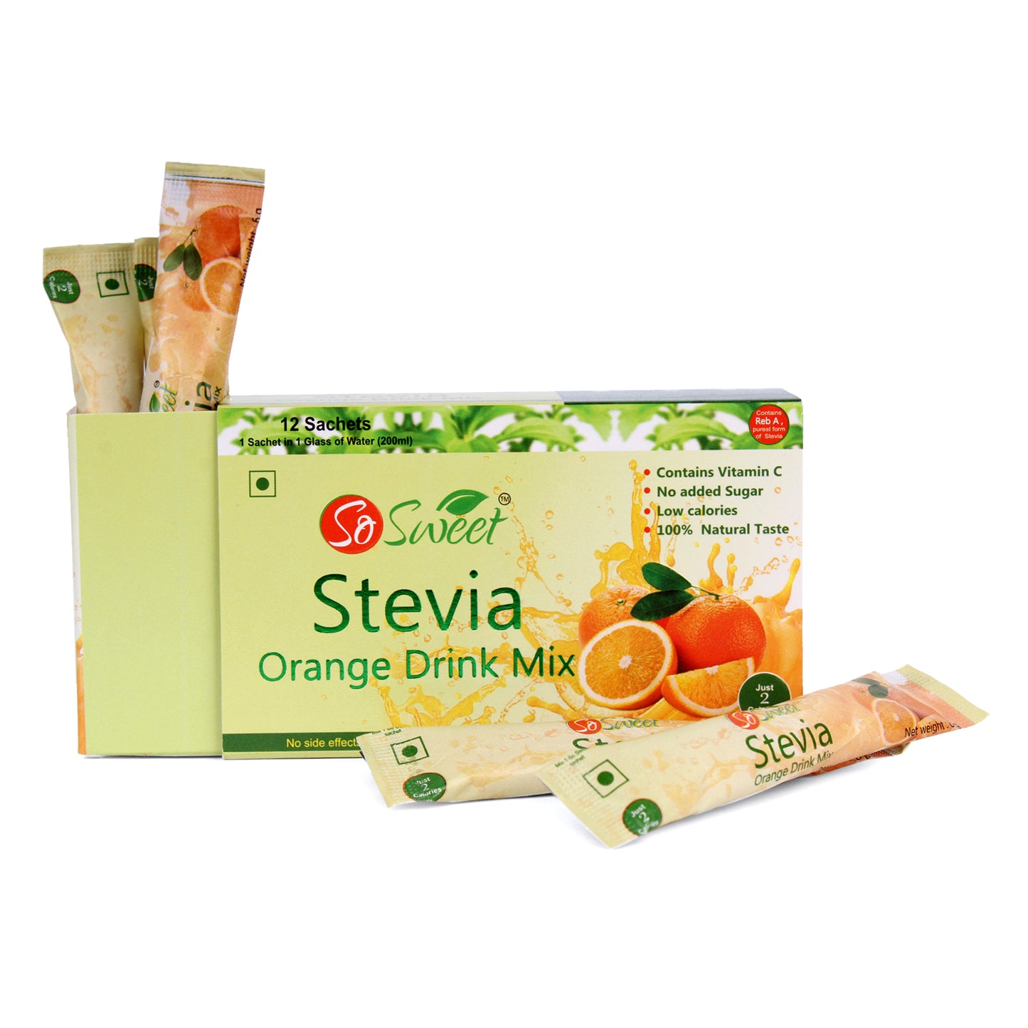 So Sweet Stevia Orange Instant Drink Mix Sugar Free | Zero Calories| Enrich with Vitamin C | 12 Sachets -Pack of 5