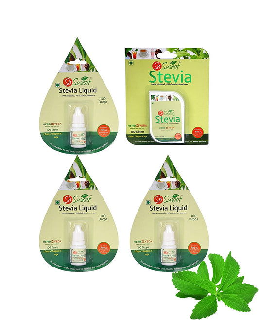 So Sweet Stevia Tablets 100 and Stevia Liquid (Pack of 3) 300 Drops 100% Natural Sweetener - Sugar free