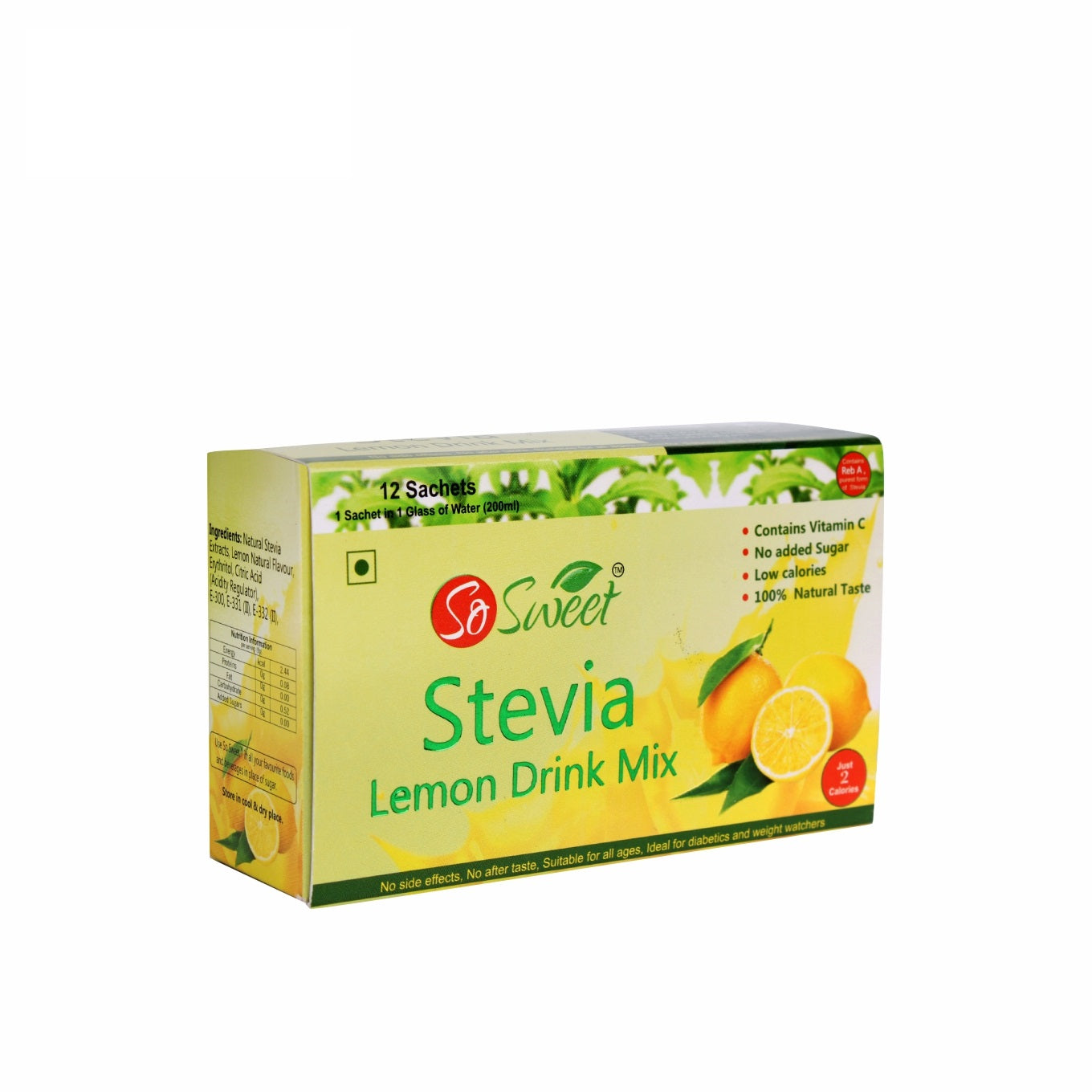 Stevia Sugar Free Instant Lemon Juice Drink Mix - 12 Sachets