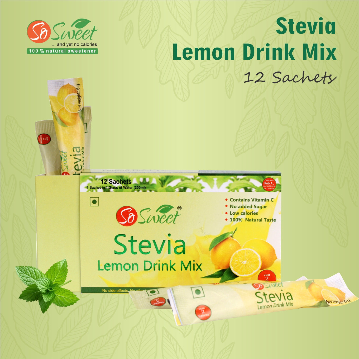 Stevia Sugar Free Instant Lemon Juice Drink Mix - 12 Sachets-Pack of 5