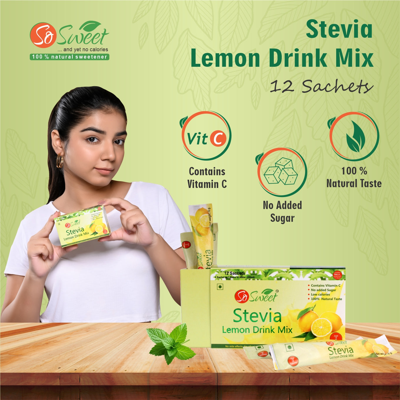 Stevia Sugar Free Instant Lemon Juice Drink Mix - 12 Sachets-Pack of 4