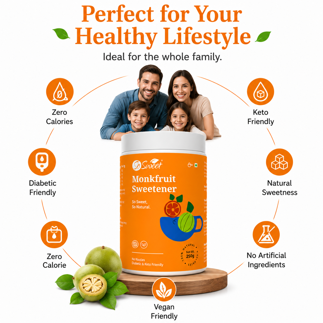 So Sweet Monk Fruit Sweetener 250gm – Zero Calorie Natural Sugar Substitute | Diabetic & Keto Friendly