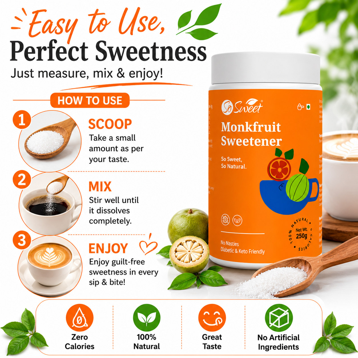 So Sweet Monk Fruit Sweetener 250gm – Zero Calorie Natural Sugar Substitute | Diabetic & Keto Friendly