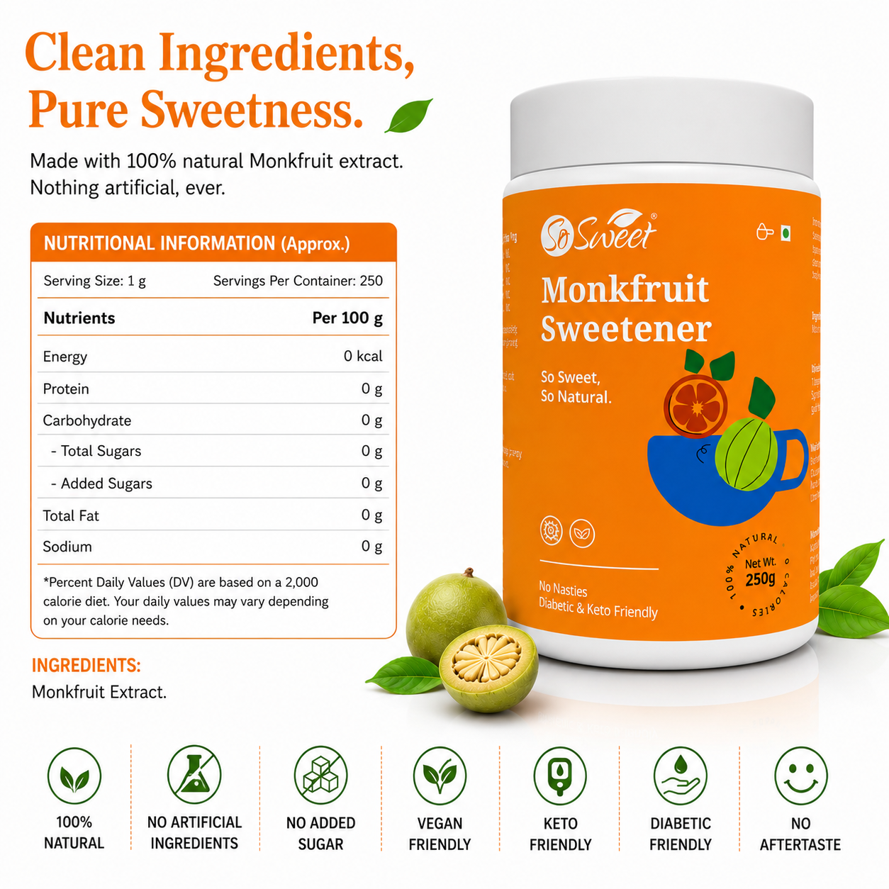 So Sweet Monk Fruit Sweetener 250gm – Zero Calorie Natural Sugar Substitute | Diabetic & Keto Friendly
