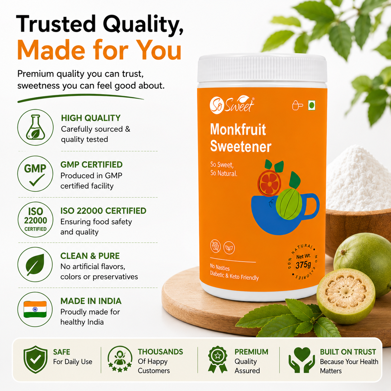So Sweet Monk Fruit 100% Natural Zero Calorie Sweetener -375gm -Diabetic & Keto Friendly