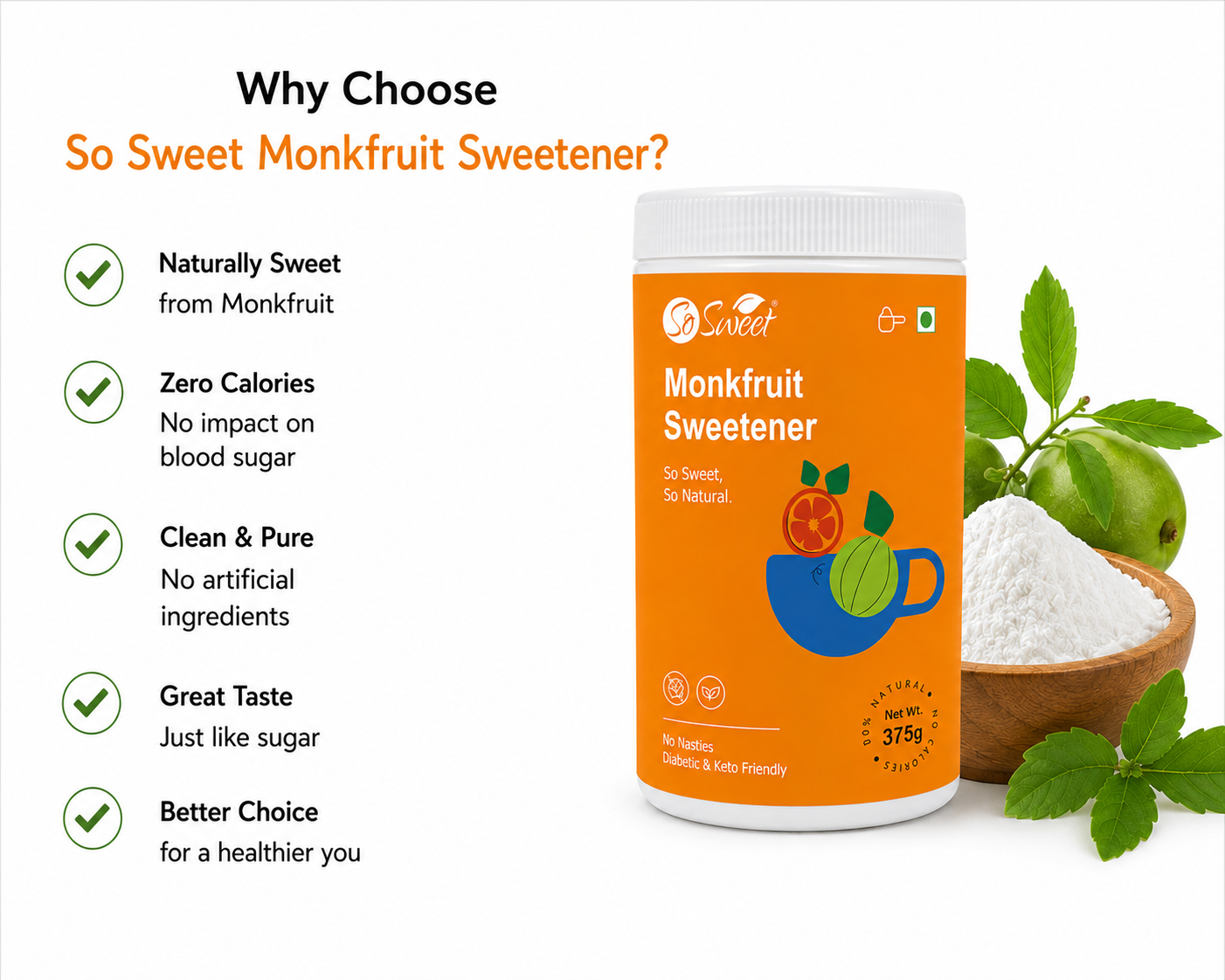 So Sweet Monk Fruit 100% Natural Zero Calorie Sweetener -375gm -Diabetic & Keto Friendly