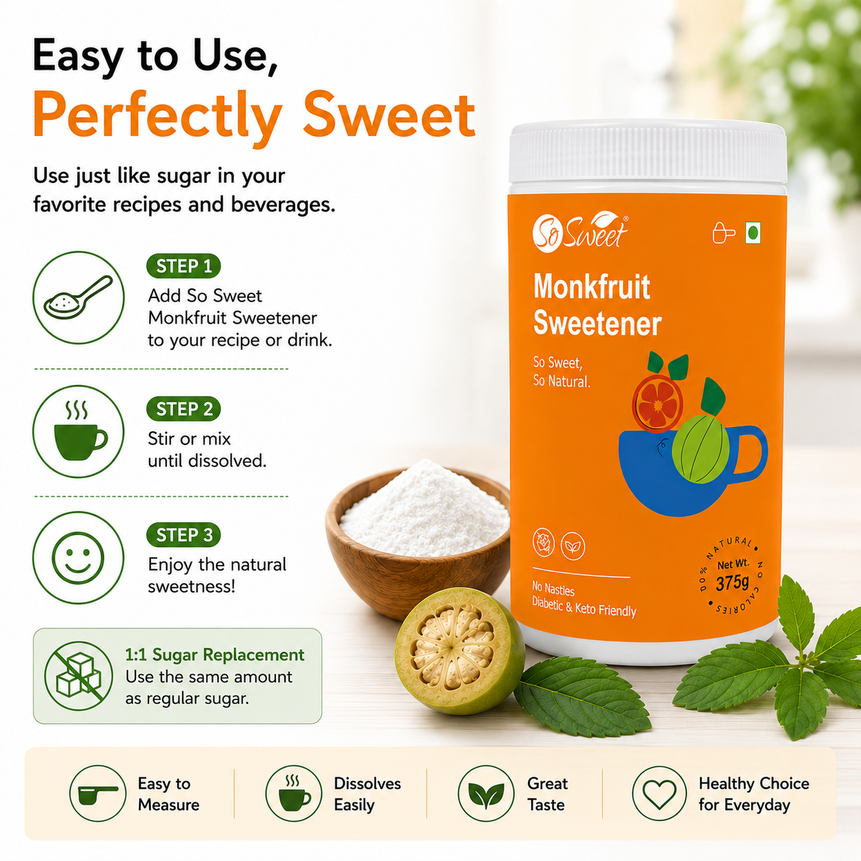 So Sweet Monk Fruit 100% Natural Zero Calorie Sweetener -375gm -Diabetic & Keto Friendly