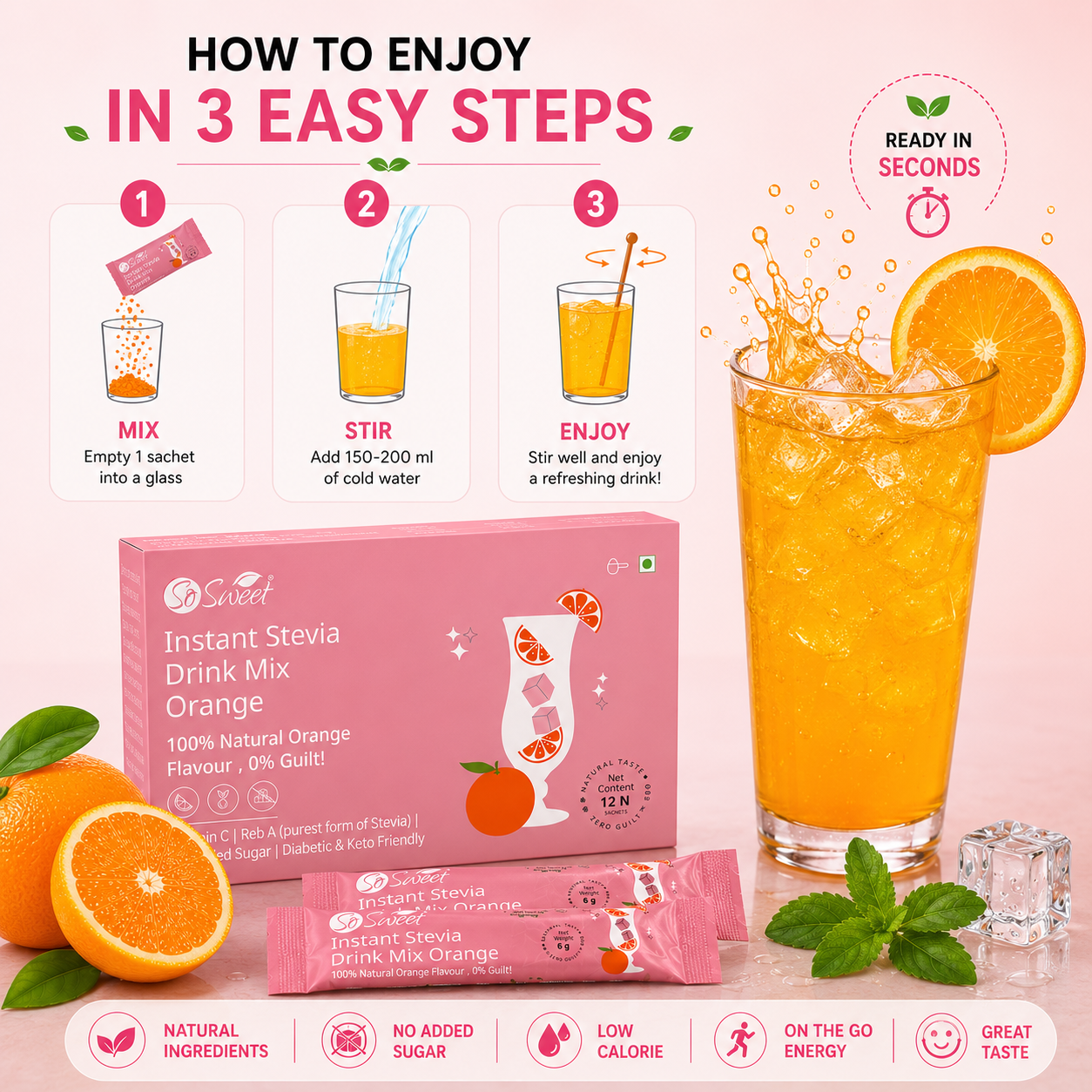 So Sweet Stevia Orange And Lemon Drink Mix Sugar Free | Zero Calories| Enrich with Vitamin C | 12 Sachets