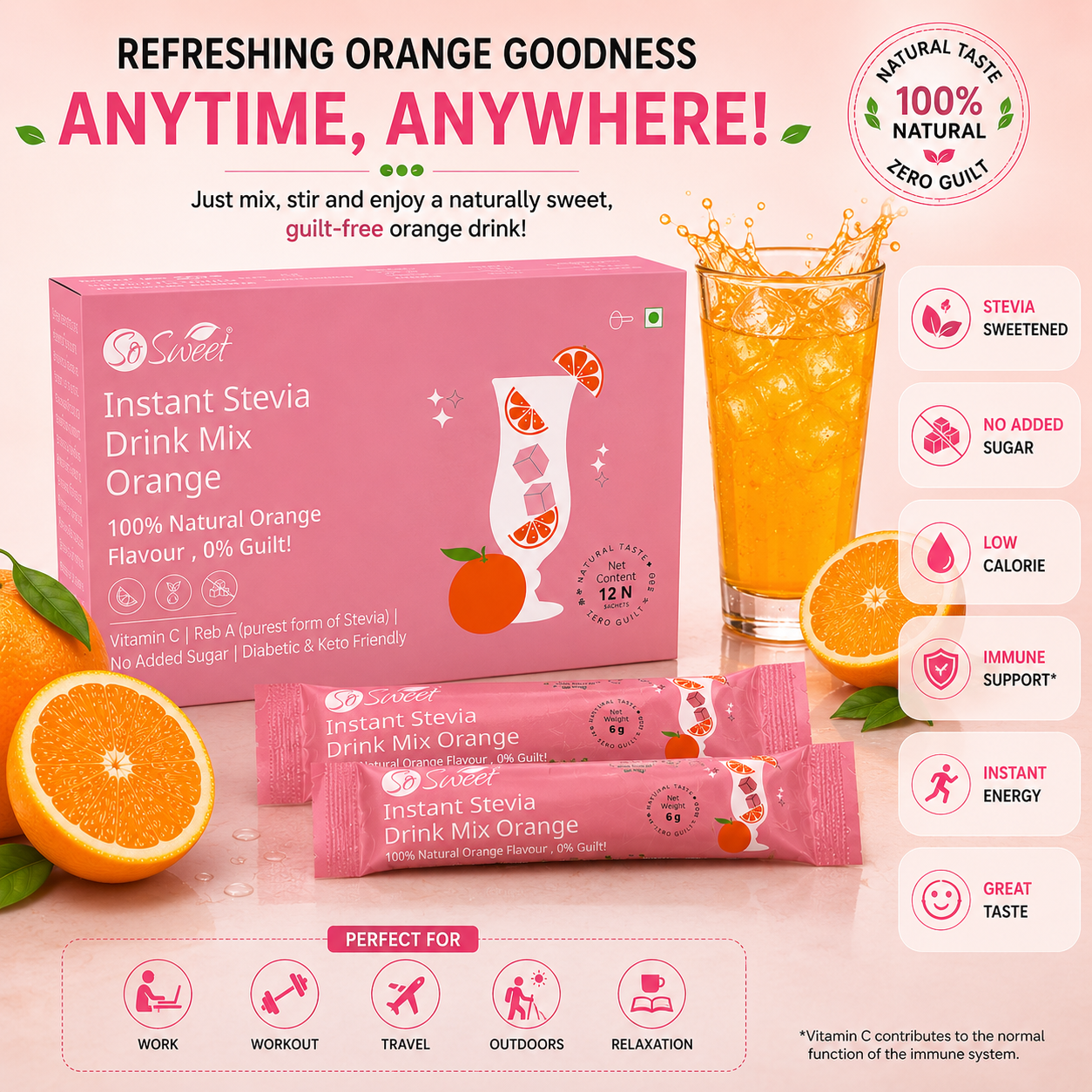 So Sweet Stevia Orange And Lemon Drink Mix Sugar Free | Zero Calories| Enrich with Vitamin C | 12 Sachets