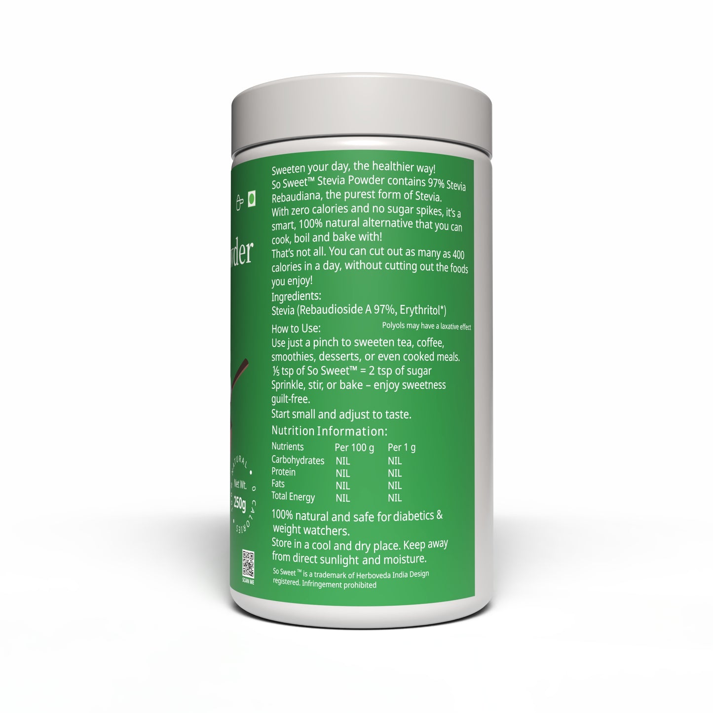 Zero Calorie Stevia Powder | Sugar Free Natural Sweetener-250gm