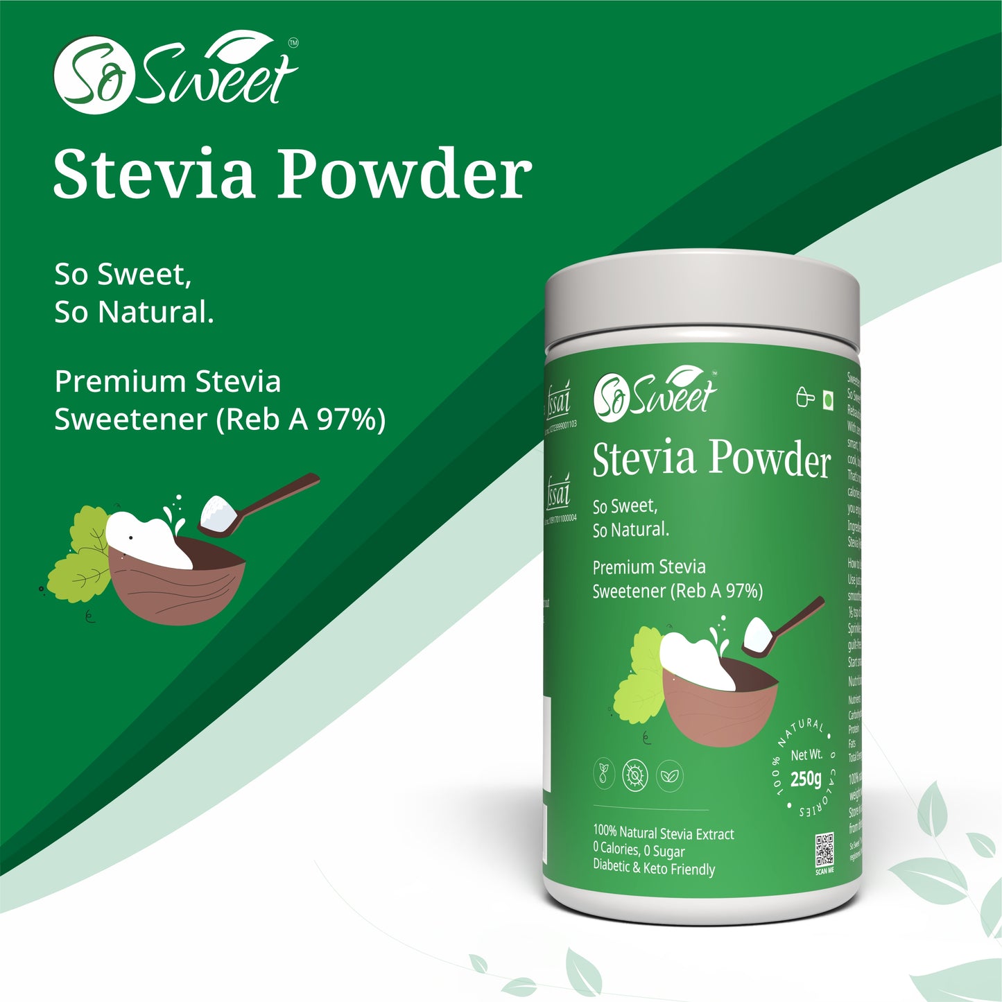 Zero Calorie Stevia Powder | Sugar Free Natural Sweetener-250gm