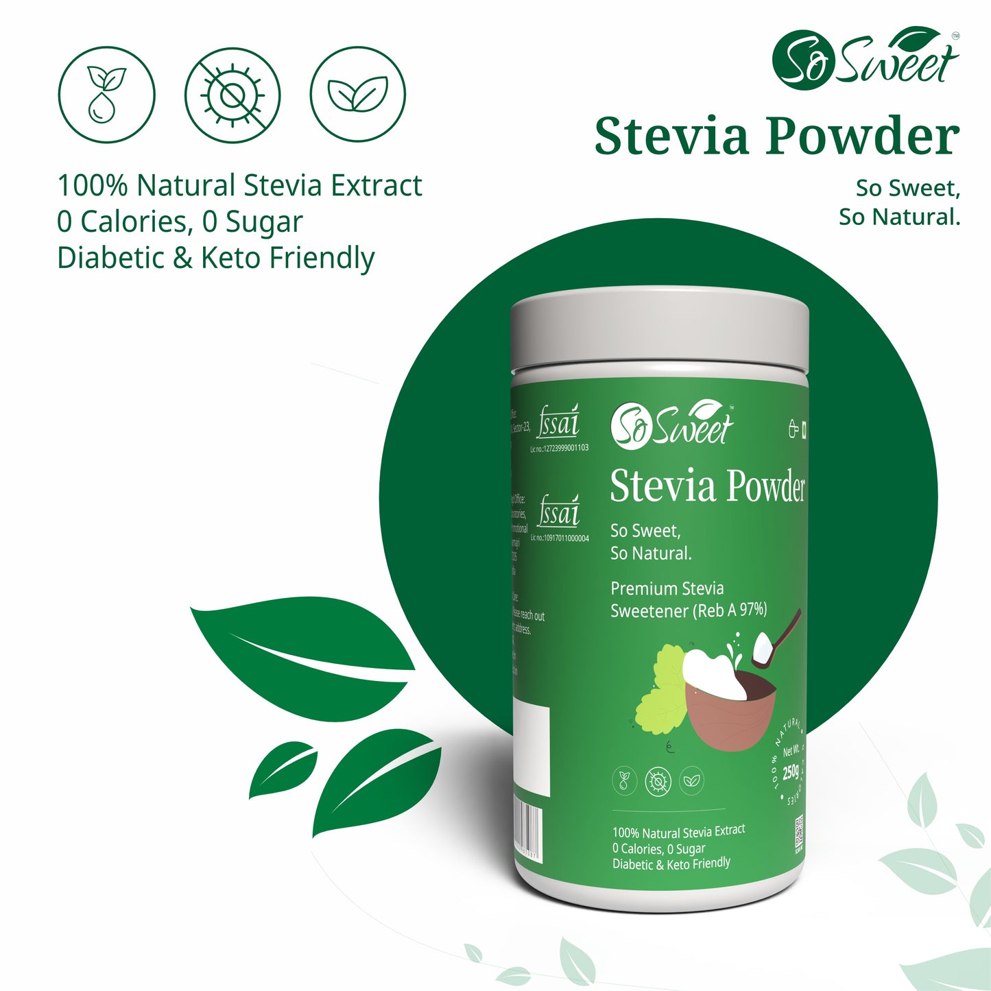 Zero Calorie Stevia Powder | Sugar Free Natural Sweetener-250gm