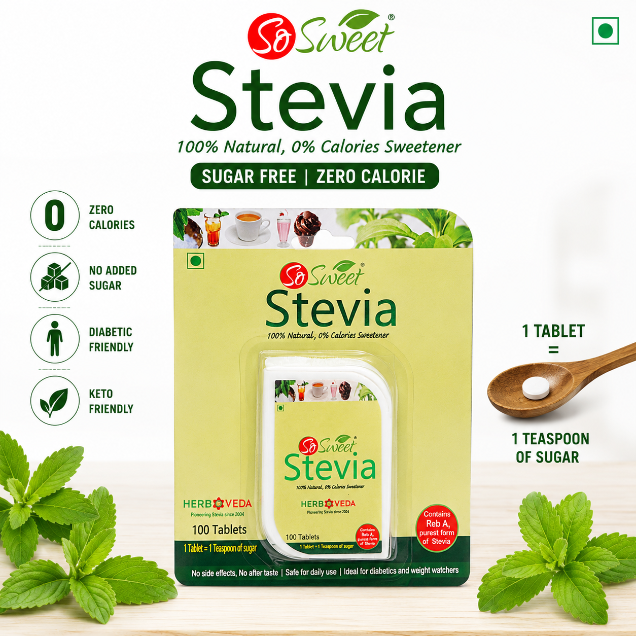 So Sweet Stevia 100 Tablets + 300 Liquid Drops – Zero Calorie Natural Sweetener Pack of 4