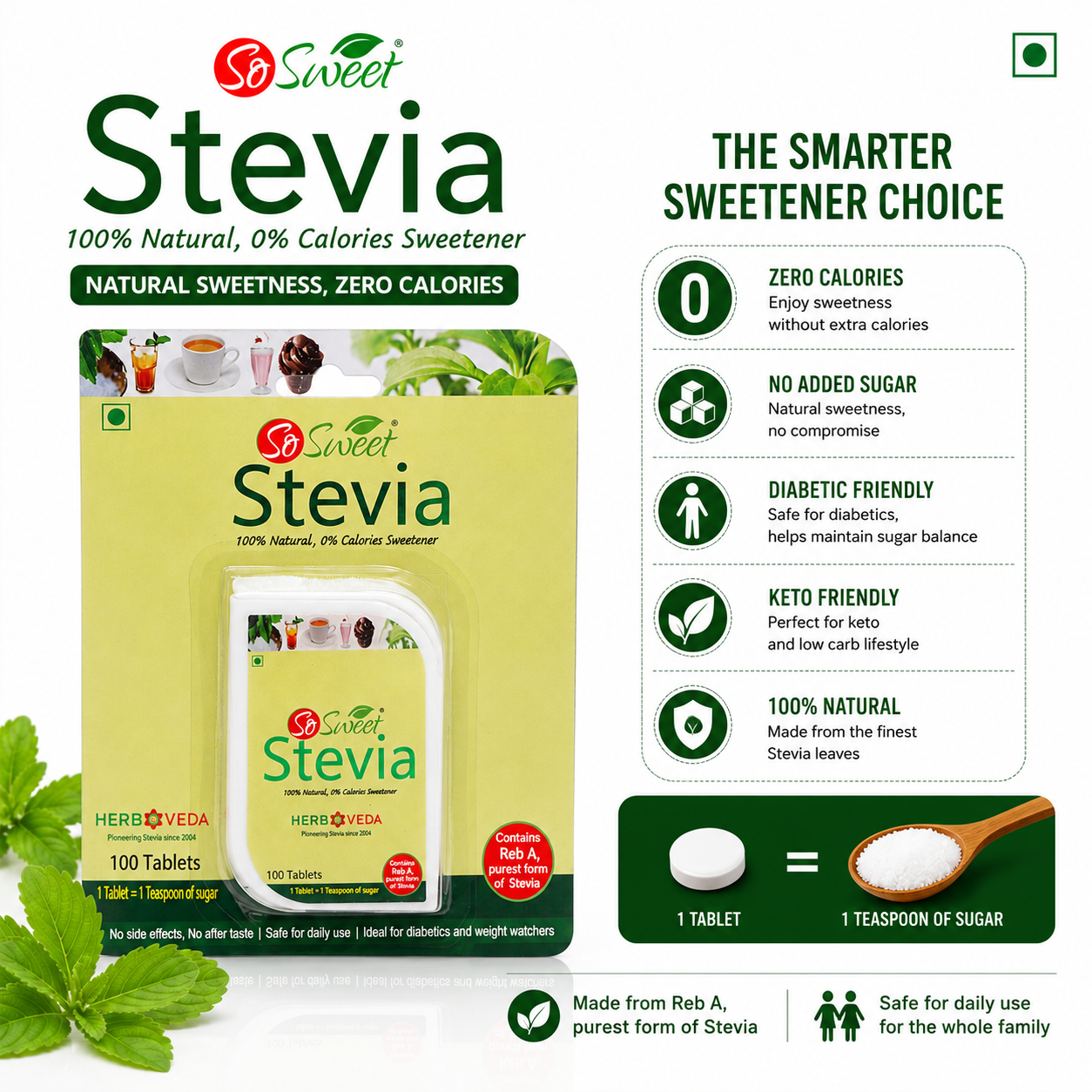 So Sweet Stevia Tablets 100 – Natural Zero Calorie Sugar Free Sweetener