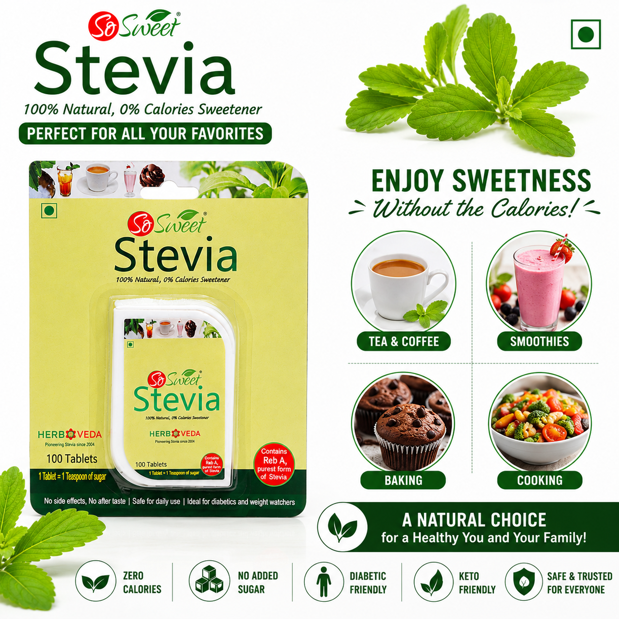 So Sweet Stevia 300 Tablets and 50 Sachets Sugar Free Natural Zero calorie Sweetener (Pack of 4)