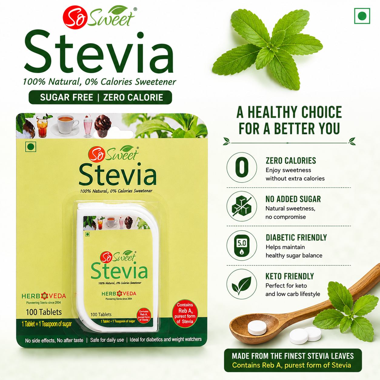 So Sweet Stevia 100 Tablets + 300 Liquid Drops – Zero Calorie Natural Sweetener Pack of 4