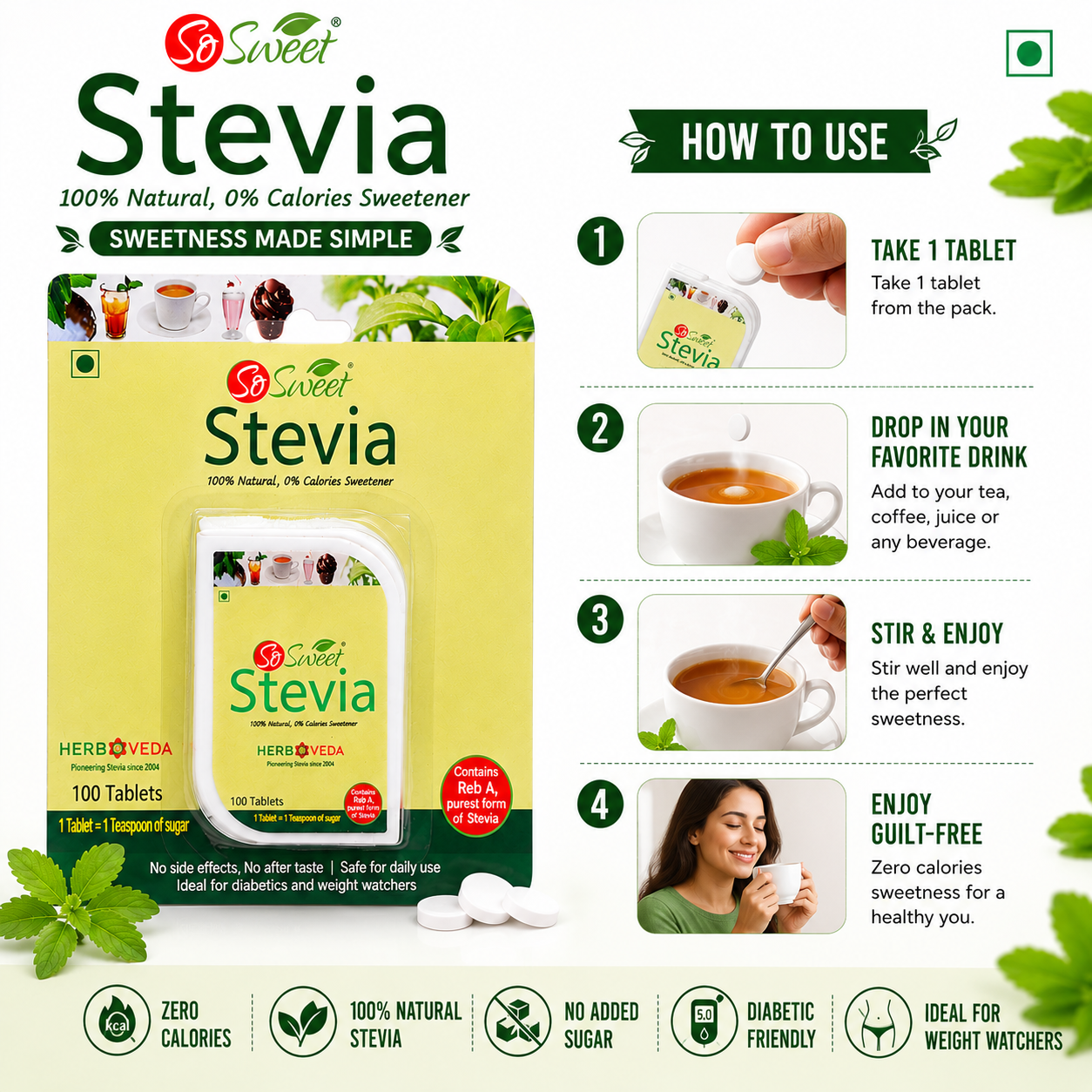 So Sweet Stevia Tablets 100 – Natural Zero Calorie Sugar Free Sweetener