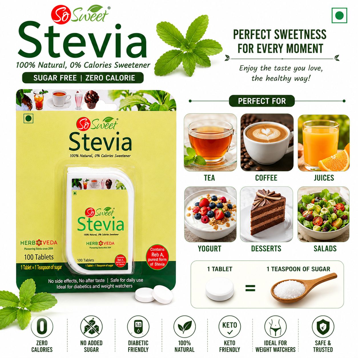 So Sweet Stevia Tablets 100 – Natural Zero Calorie Sugar Free Sweetener