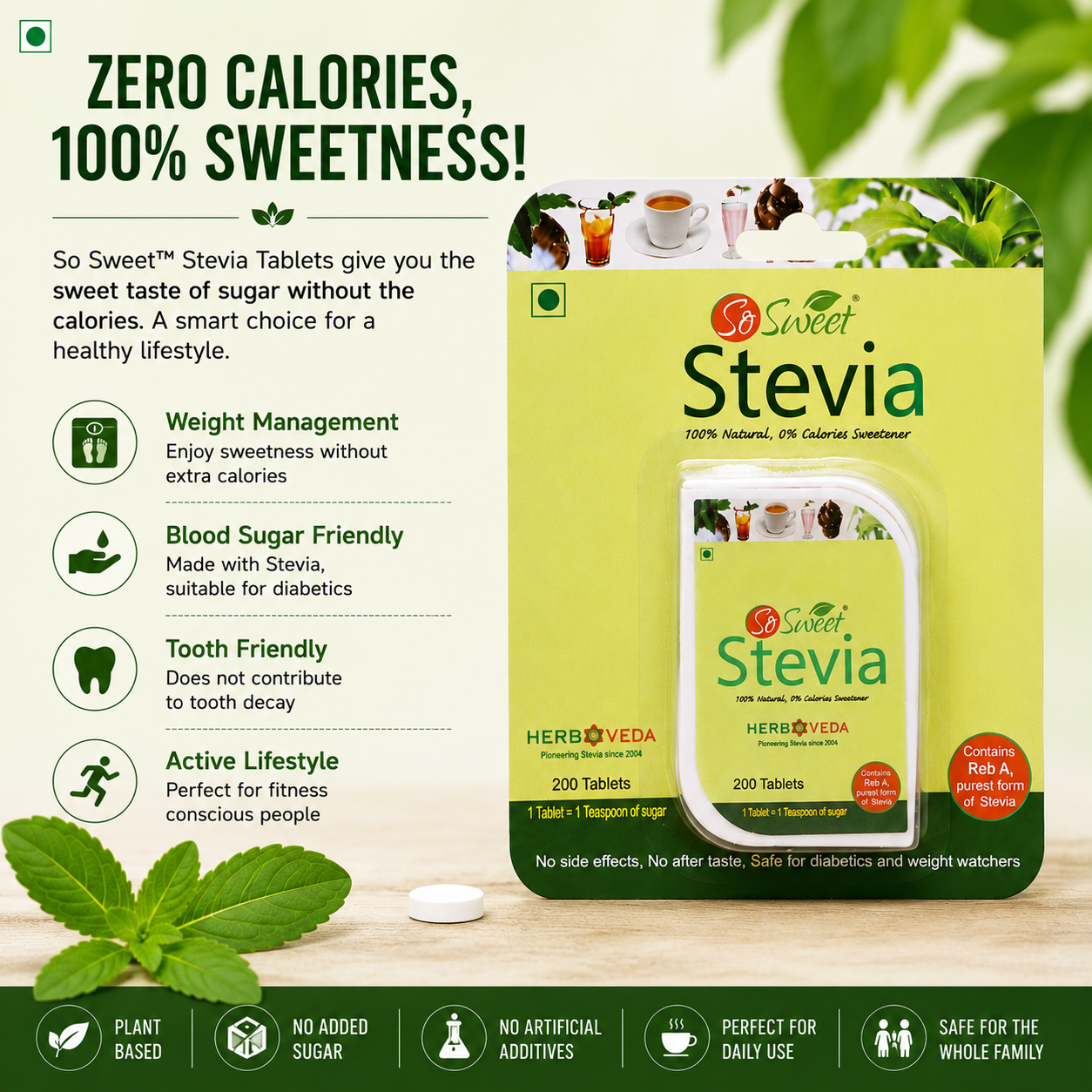 So Sweet Stevia 300 Tablets – 100% Natural Zero Calorie Sugar Free Sweetener
