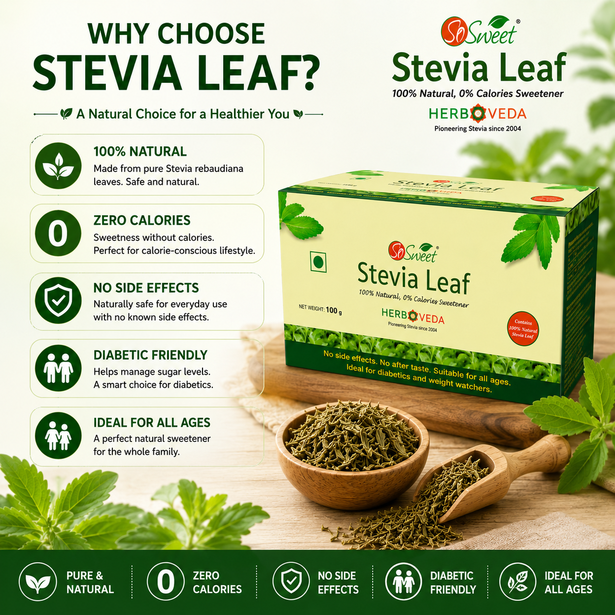 Stevia Leaf Sugar Free Natural Zero Calorie Sweetener