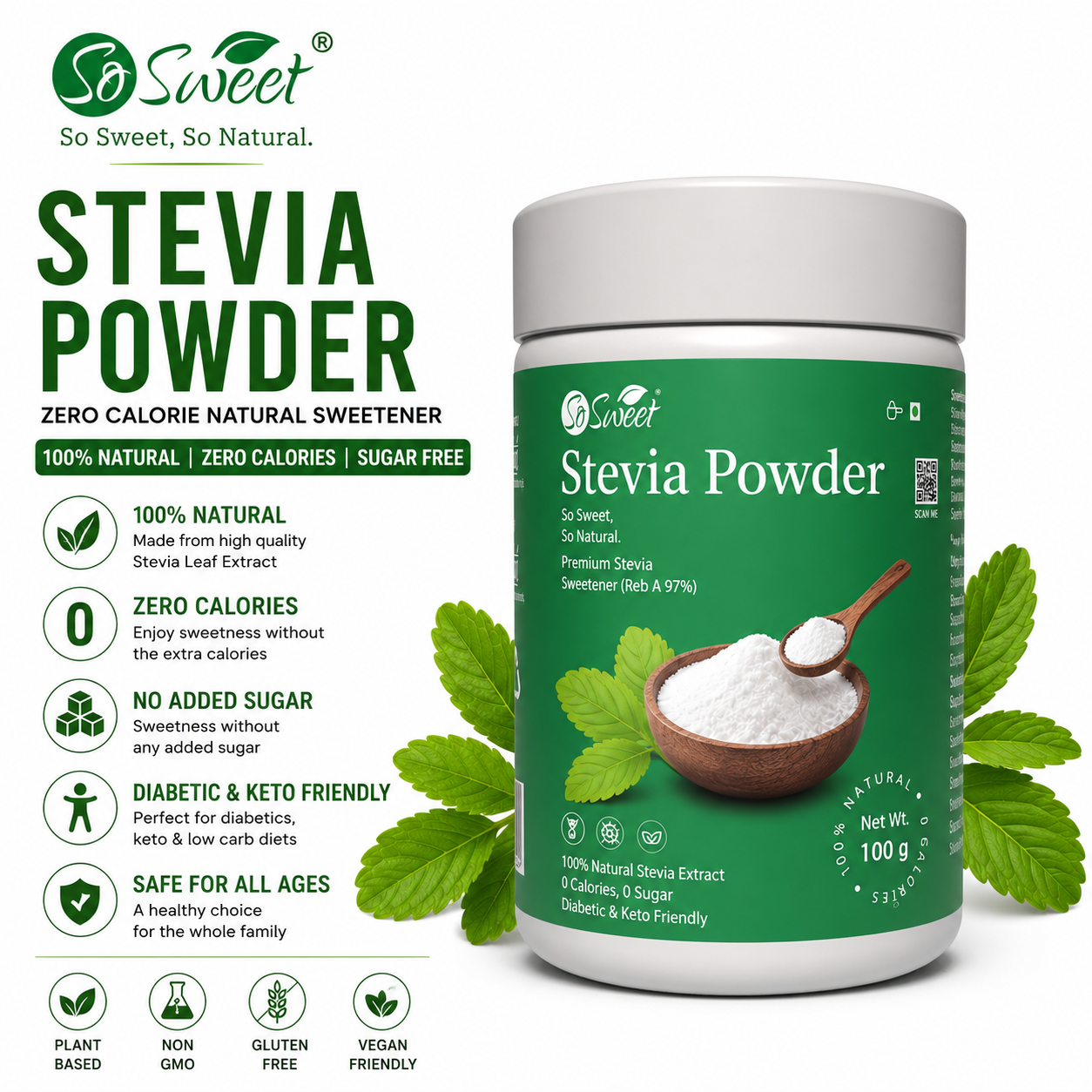 So Sweet Stevia Powder 100gm – Zero Calorie Natural Sugar Free Sweetener