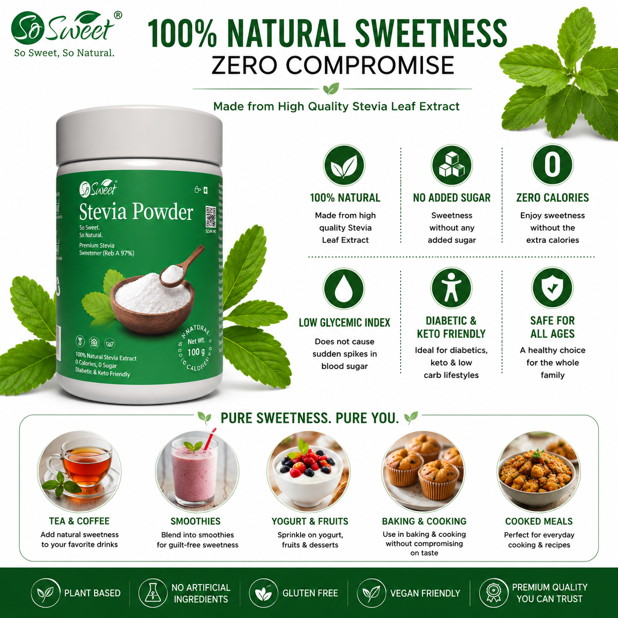 So Sweet Stevia Powder 100gm – Zero Calorie Natural Sugar Free Sweetener