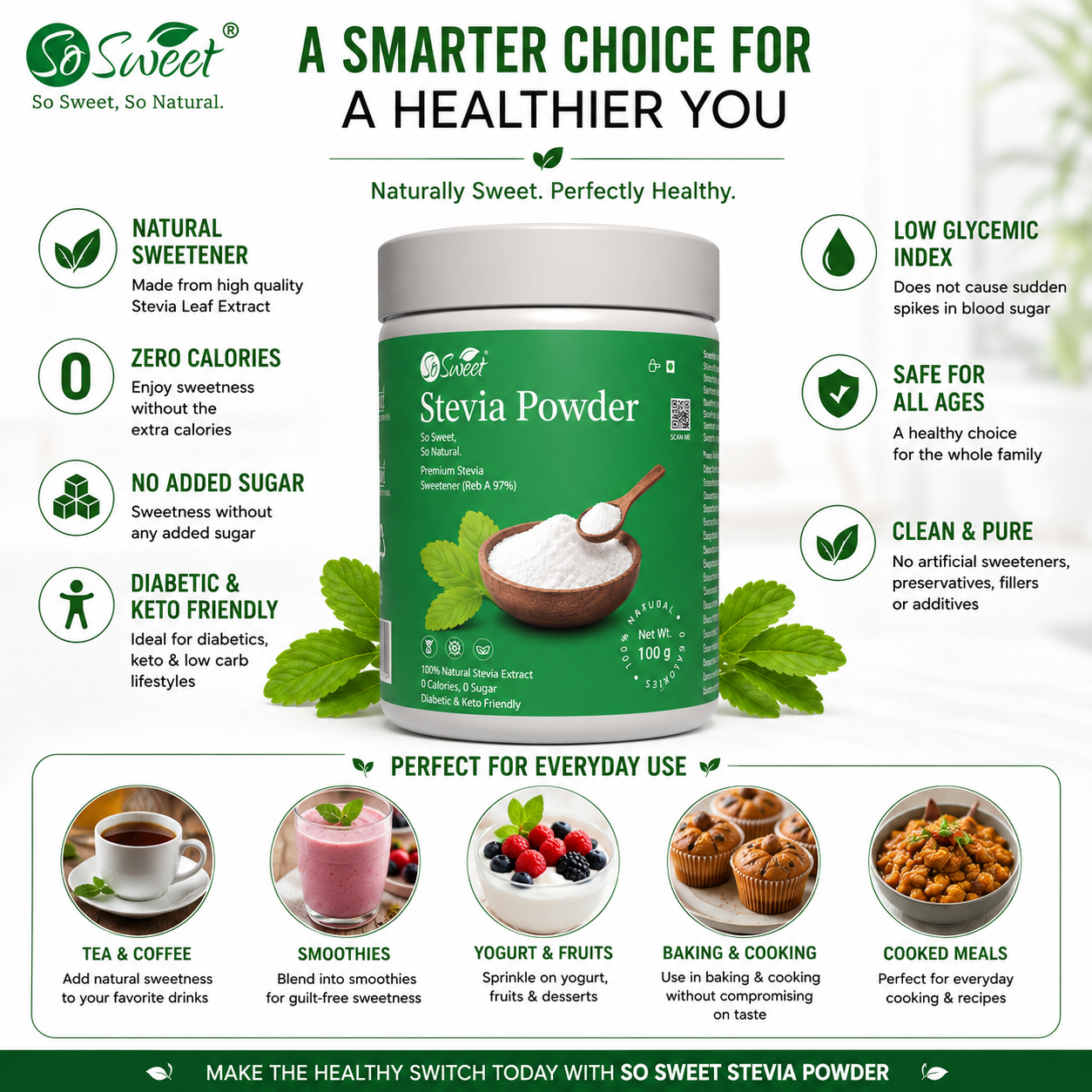So Sweet Stevia Powder 100gm – Zero Calorie Natural Sugar Free Sweetener