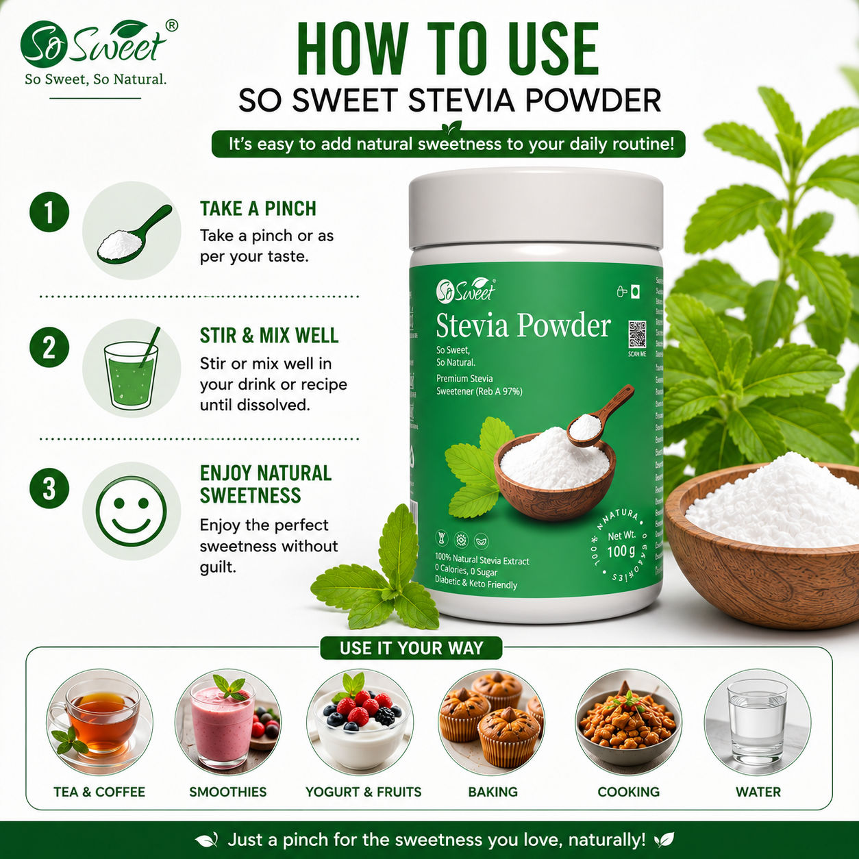So Sweet Stevia Powder 100gm – Zero Calorie Natural Sugar Free Sweetener