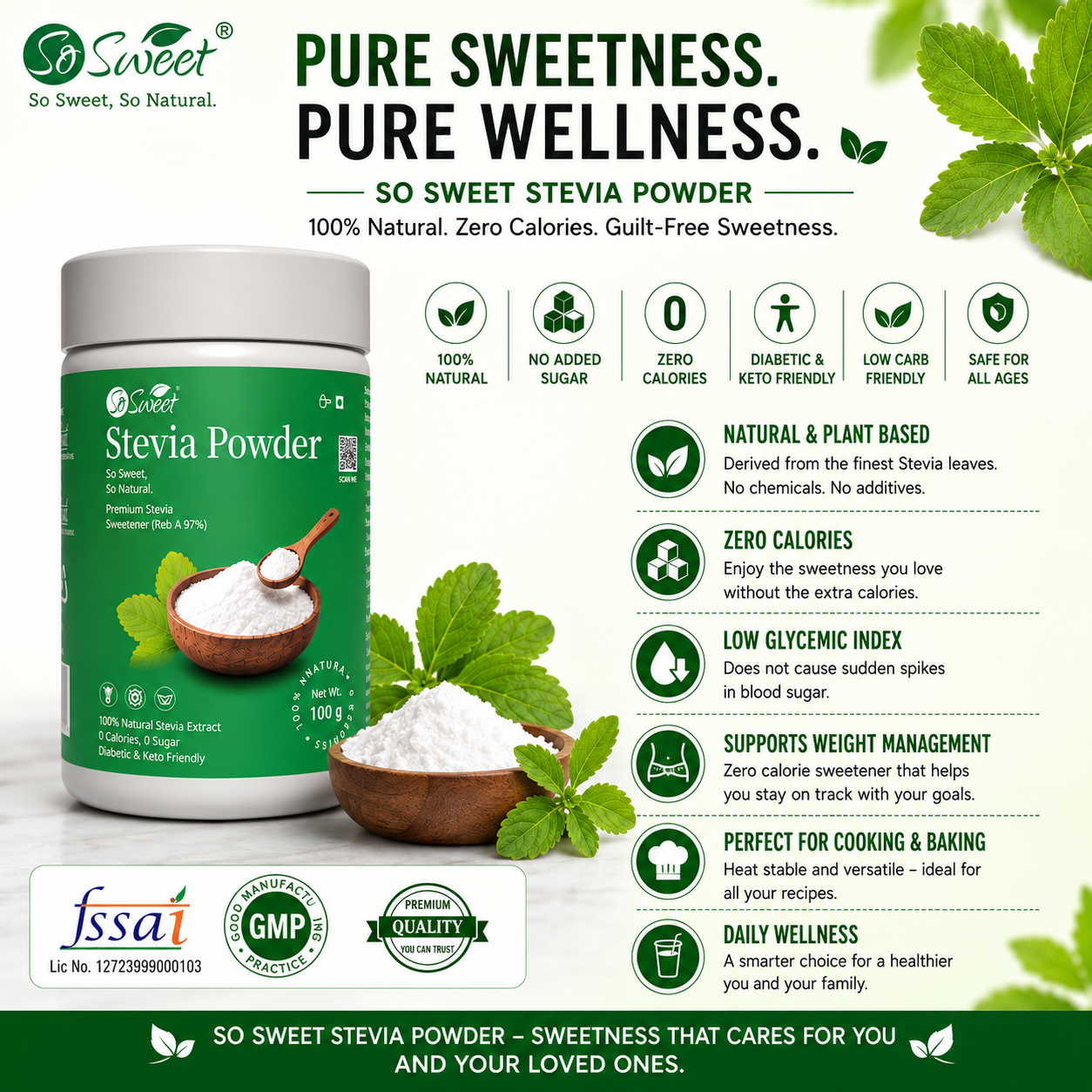 So Sweet Stevia Powder 100gm – Zero Calorie Natural Sugar Free Sweetener