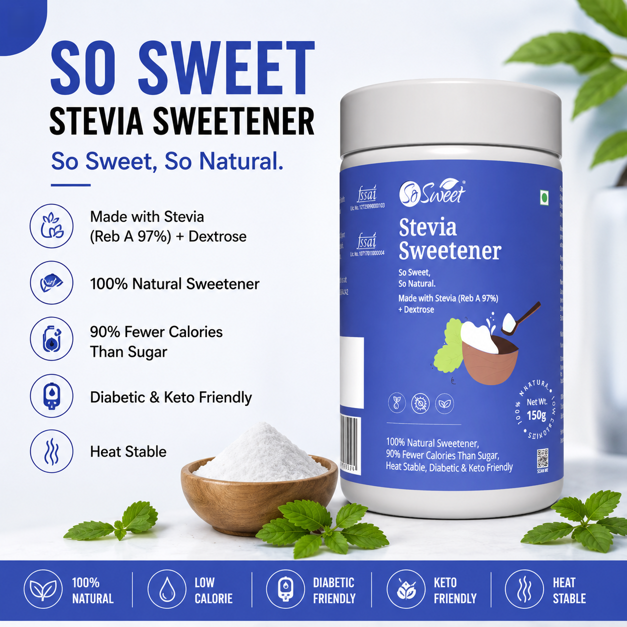 So Sweet Stevia Powder 150gm – Sugar Free Natural Sweetener | Diabetic Friendly