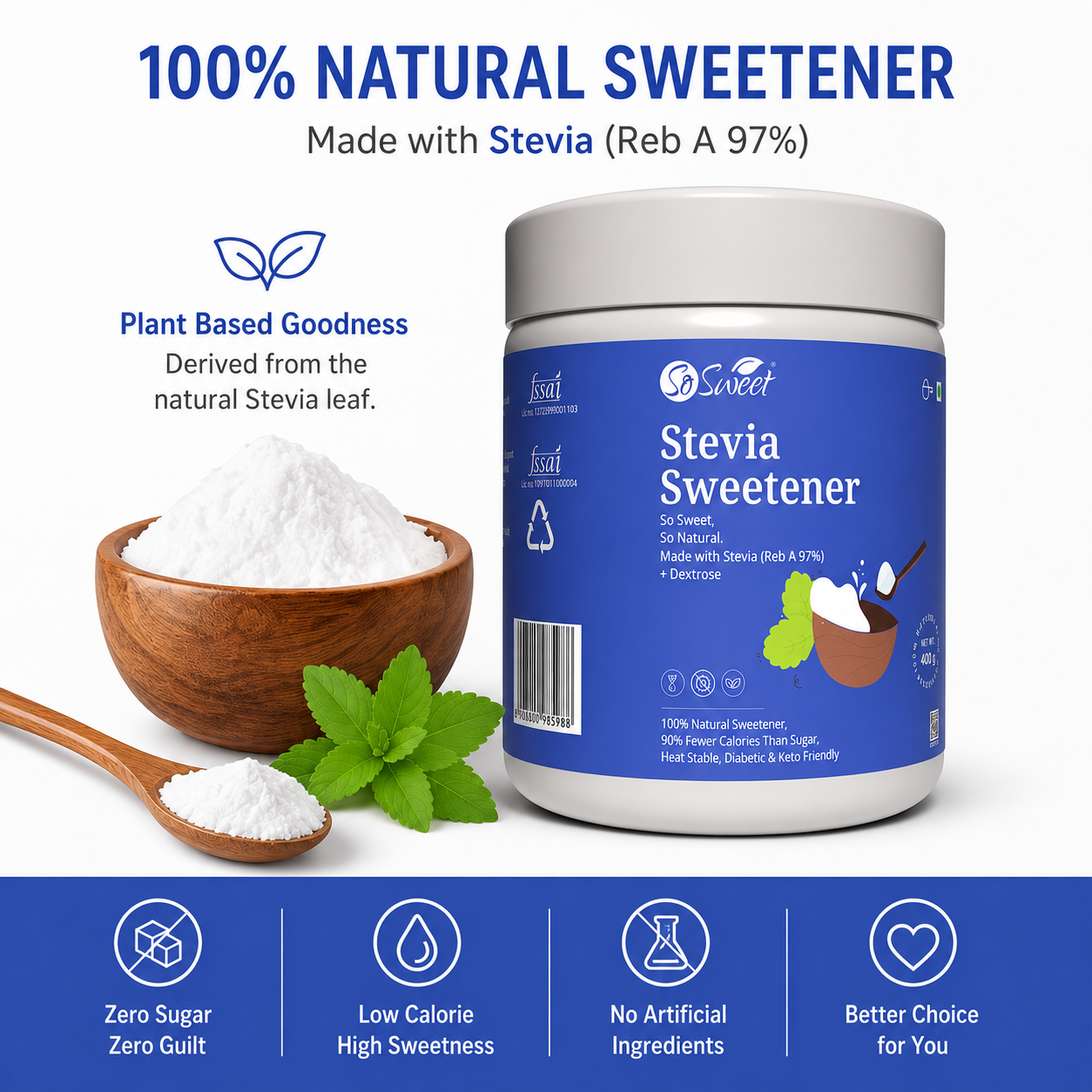 So Sweet Stevia Sugar Free Natural Low Calories Sweetener 100% Natural 400Gm | Diebetic Friendly