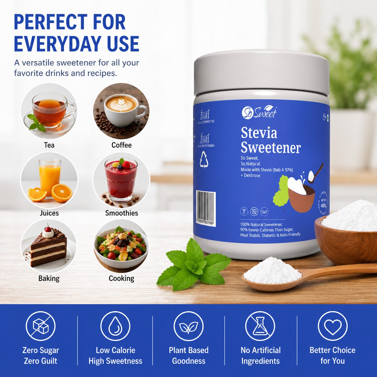 So Sweet Stevia Sugar Free Natural Low Calories Sweetener 100% Natural 400Gm | Diebetic Friendly