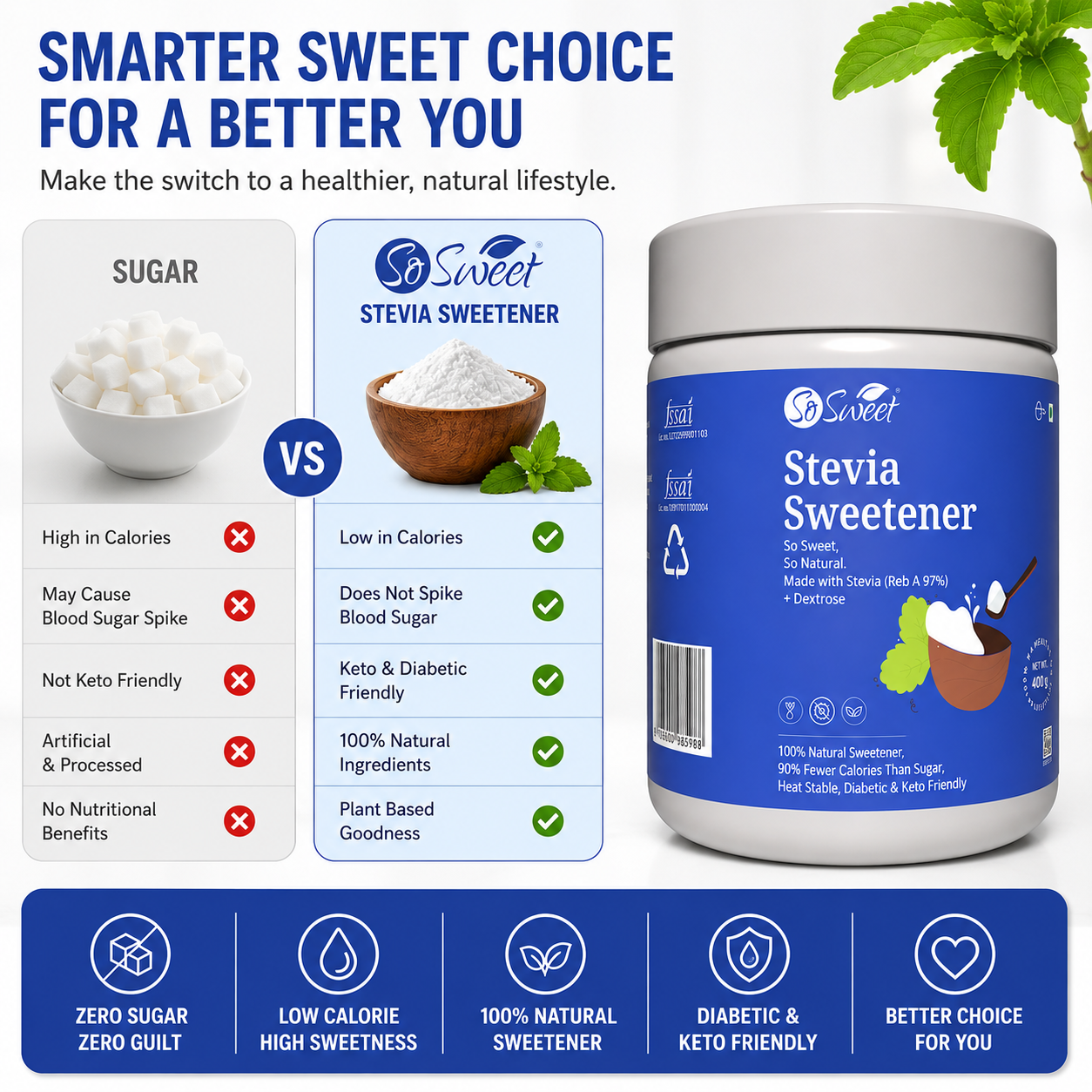 So Sweet Stevia Sugar Free Natural Low Calories Sweetener 100% Natural 400Gm | Diebetic Friendly