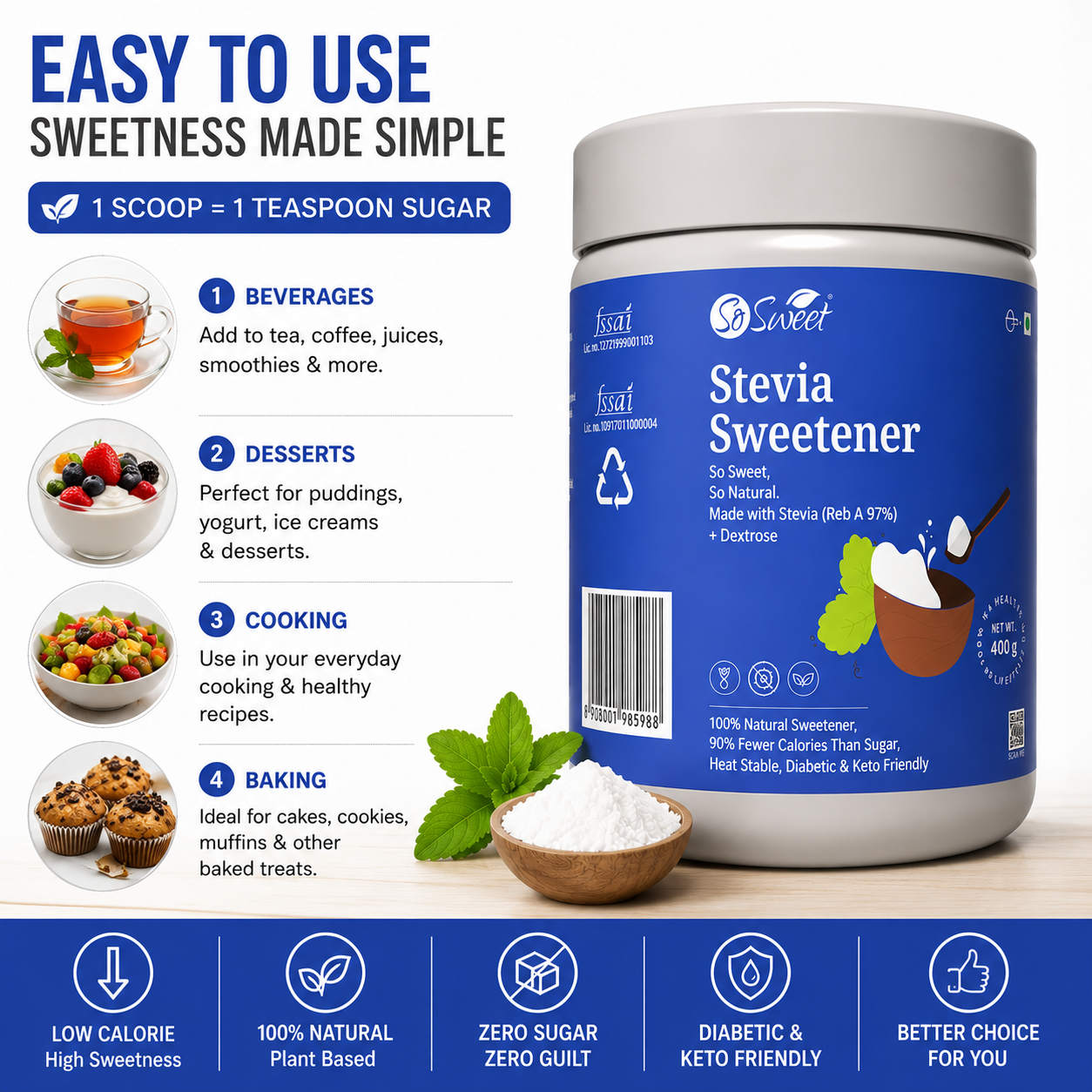 So Sweet Stevia Sugar Free Natural Low Calories Sweetener 100% Natural 400Gm | Diebetic Friendly
