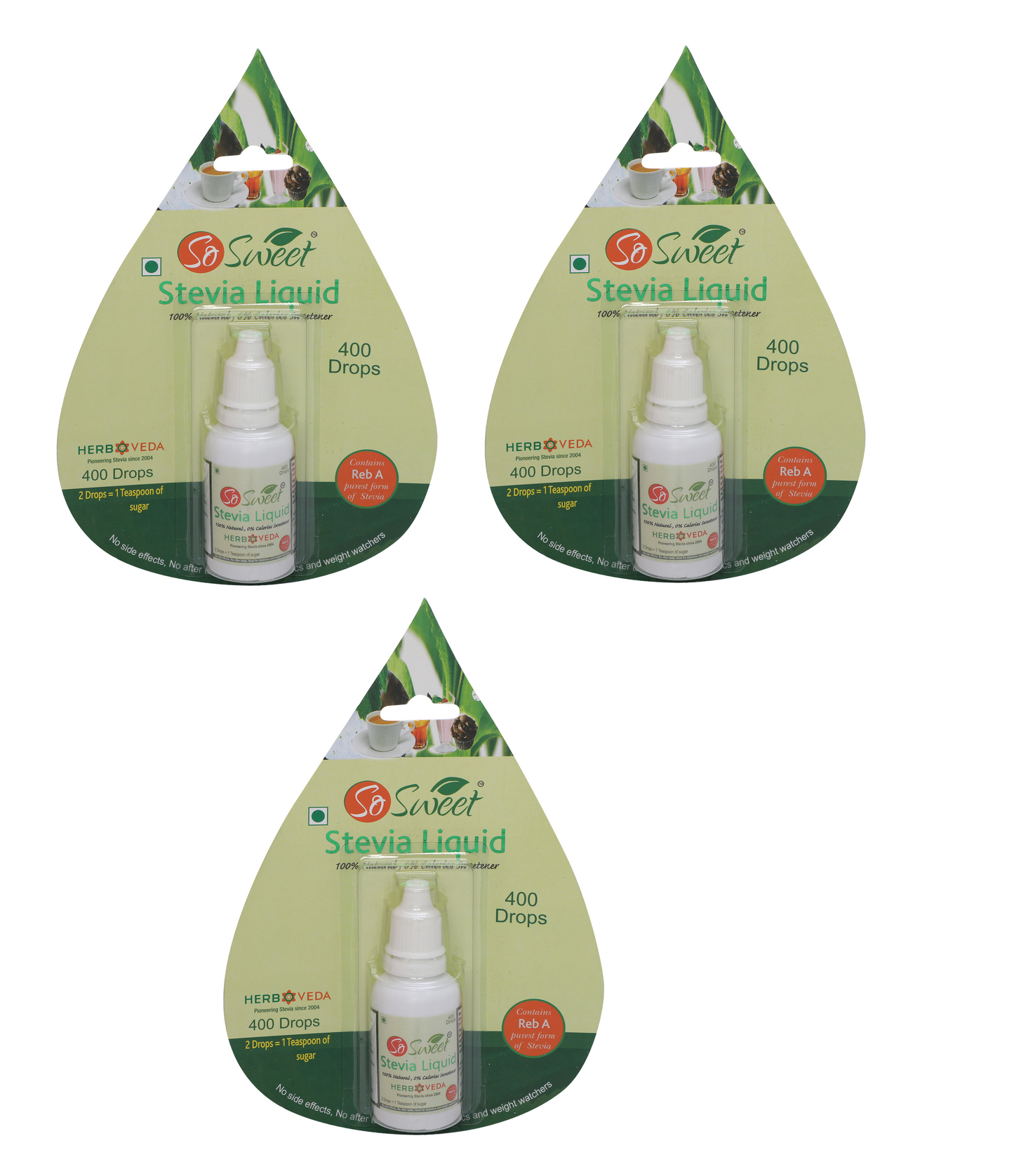 Stevia Liquid Drops | Sugar Free Natural Zero Calorie Sweetener| Pack of 3, 1200 Drops - 400 Drops Each