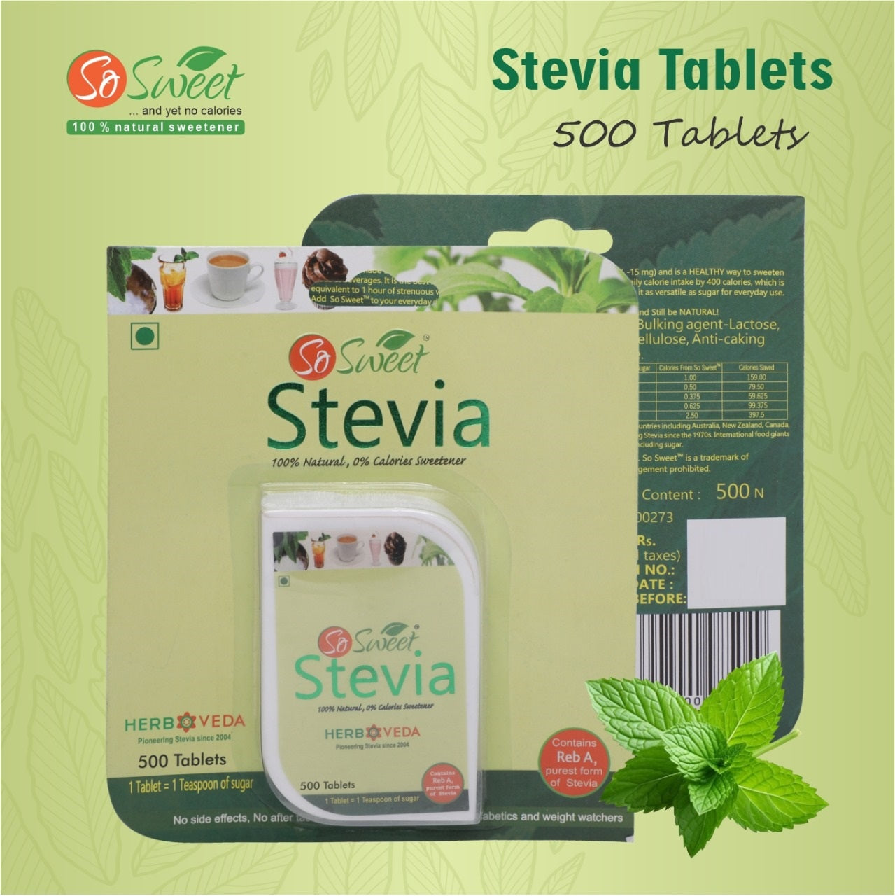 So Sweet 100% Natural Sweetener Sugar Free Stevia 500+100 Tablet