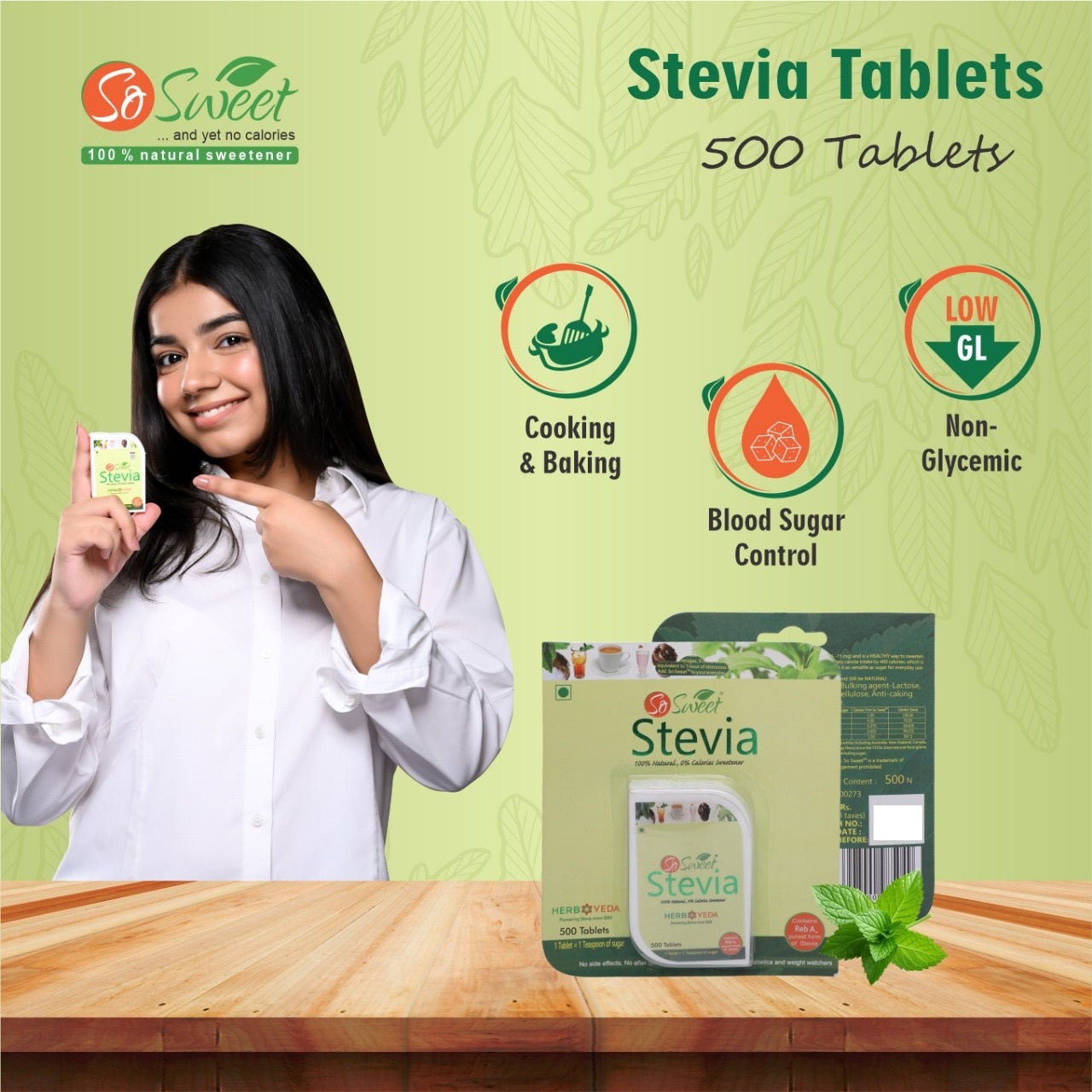 So Sweet 100% Natural Sweetener Sugar Free Stevia 500+100 Tablet