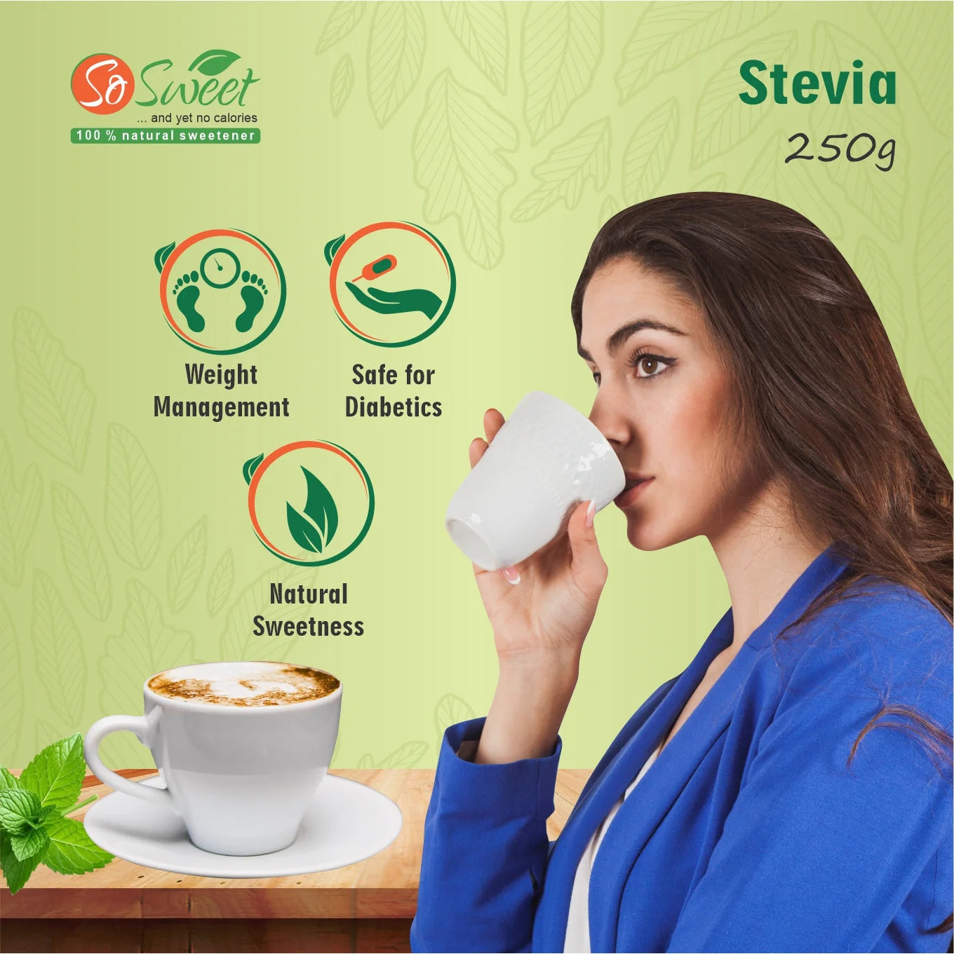 Zero Calorie Stevia Powder | Sugar Free Natural Sweetener-250gm