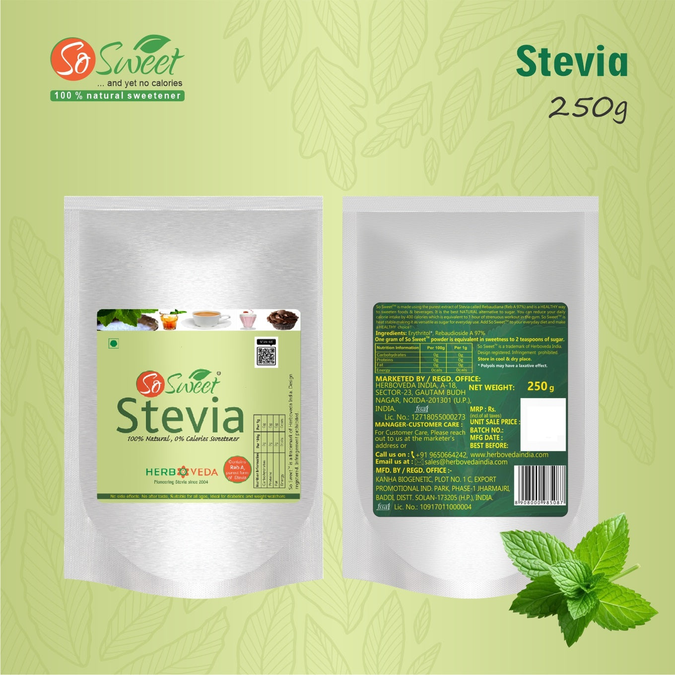 So Sweet Stevia zero-calorie natural sweetener powder and sachets, in a pack of two, with packaging and product visible.