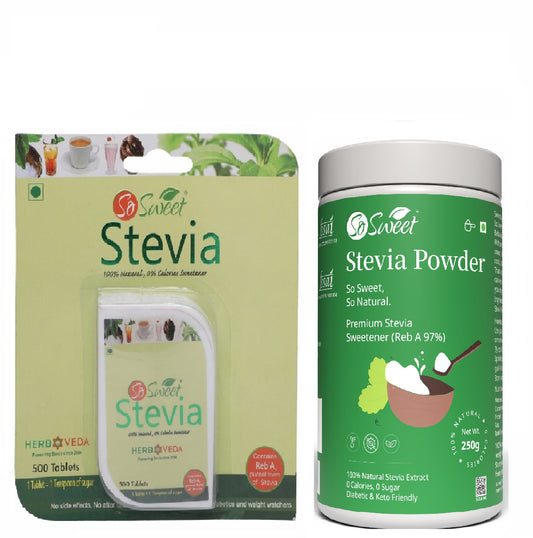 So Sweet Stevia 500 Tablets & Stevia Powder 250gm 100% Natural Sweetener - Sugar Free